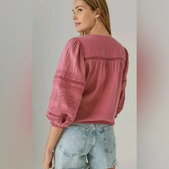 LUCKY BRAND Raspberry Pink Puff Sleeve Blouse with Tassel Tie in the Front Boho - Picture 11 of 12